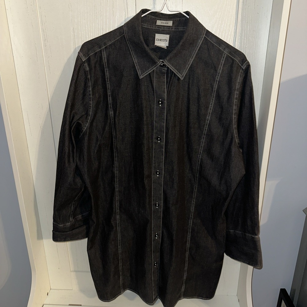 Chicos Womens Non-Iron Button Down Shirt Tunic Length Spandex Sz 3 (XL 16)
